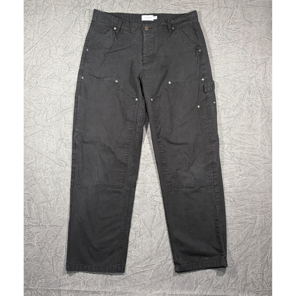 Topman Carpenter Pants Mens 34 Black Double Knee Utility Workwear Straight Leg